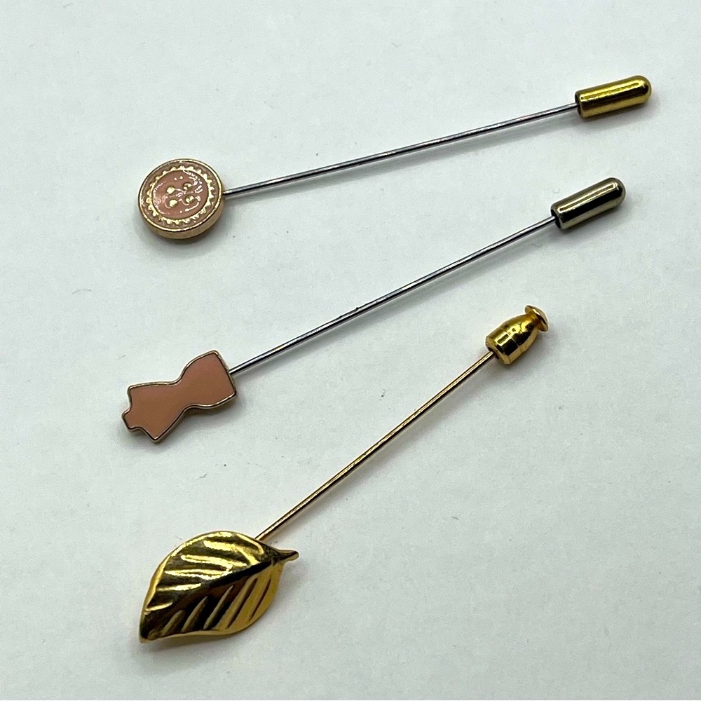 Vintage Gold Tone Stick Pin Brooch Lot – 3 Pieces – Leaf & Enamel Designs